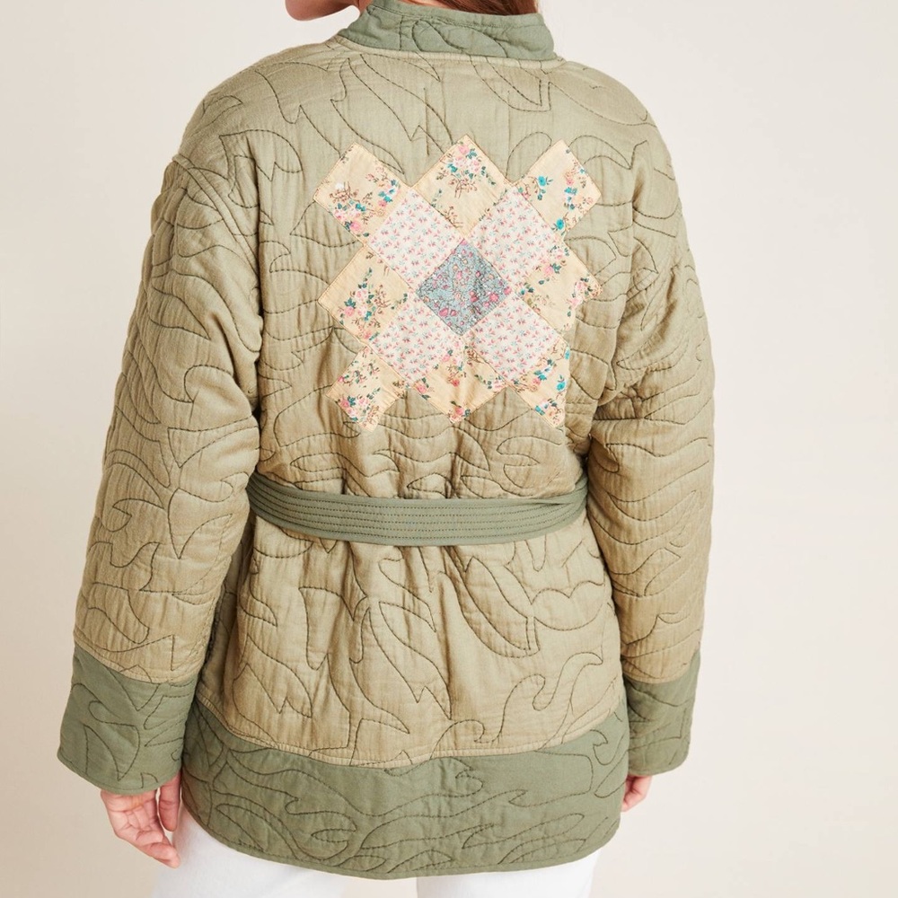 Anthropologie Quilted Patchwork Kimono Sage Quilted Jacket Size XS gift boho